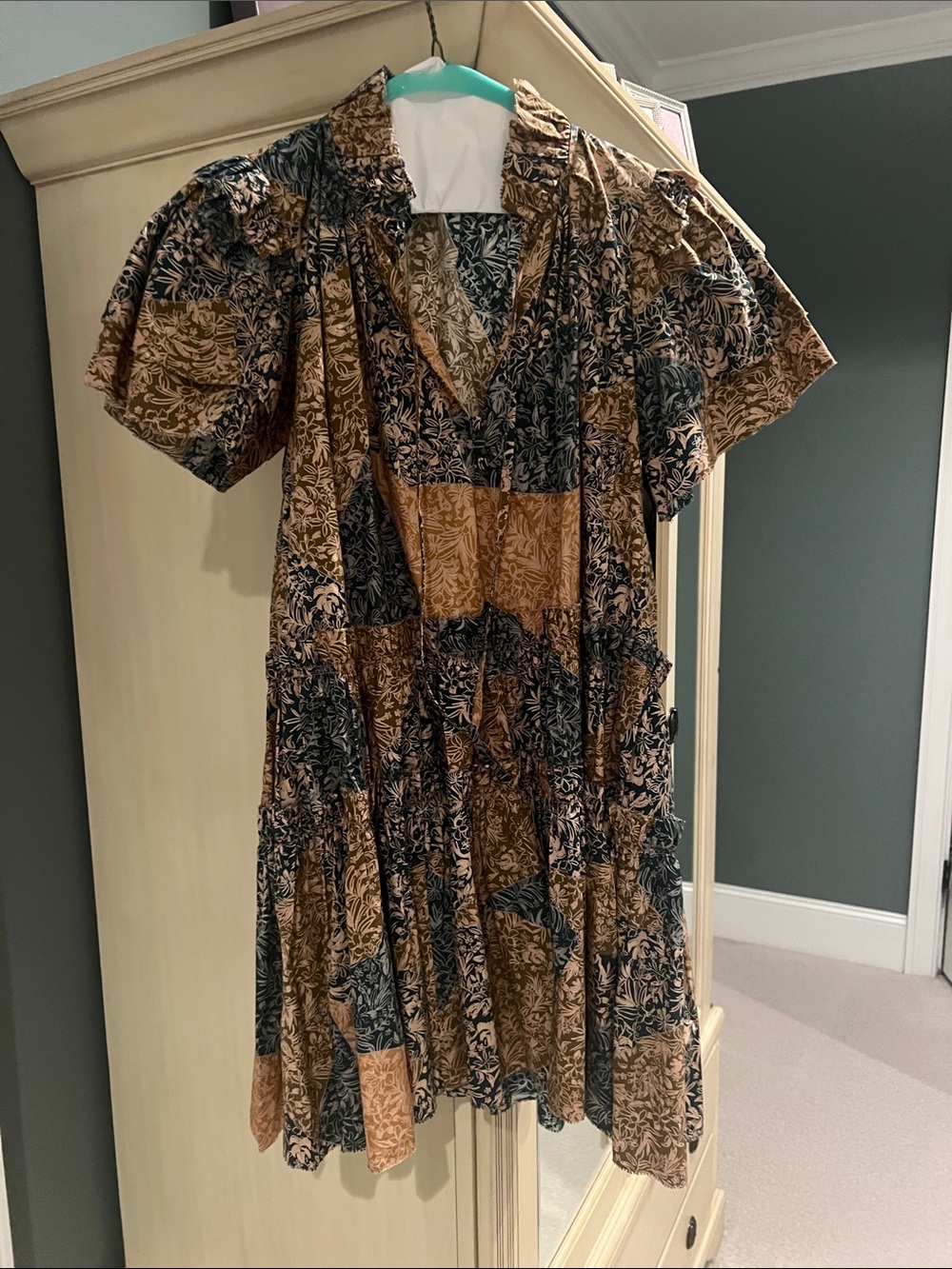 Patchwork Floral V-Neck Midi Dress - Brown & Blue